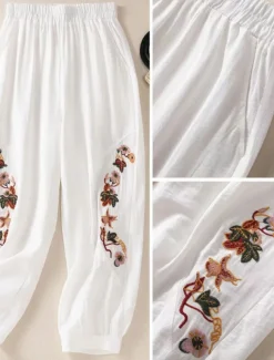 Women's Cotton Linen Pants Chinos Fashion Basic Ethnic Full Length Medium Waist Floral Embroidered Pocket Drawstring Comfort Outdoor Stretchy Vacation Street Causal Black White Coffee Summer Spring