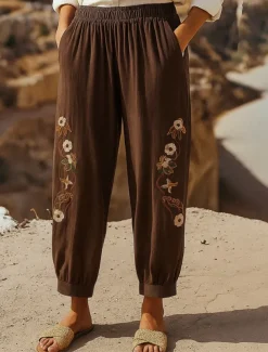 Women's Cotton Linen Pants Chinos Fashion Basic Ethnic Full Length Medium Waist Floral Embroidered Pocket Drawstring Comfort Outdoor Stretchy Vacation Street Causal Black White Coffee Summer Spring