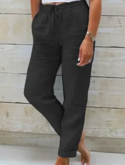 Women's Cotton Linen Pants Chinos Pants Trousers Basic Casual Long High Waist Plain Pocket Elastic Drawstring Design High Cut Breathability Soft Micro-elastic Street Daily Wear Black White Green Khaki