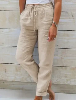 Women's Cotton Linen Pants Chinos Pants Trousers Basic Casual Long High Waist Plain Pocket Elastic Drawstring Design High Cut Breathability Soft Micro-elastic Street Daily Wear Black White Green Khaki