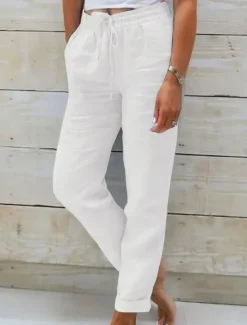 Women's Cotton Linen Pants Chinos Pants Trousers Basic Casual Long High Waist Plain Pocket Elastic Drawstring Design High Cut Breathability Soft Micro-elastic Street Daily Wear Black White Green Khaki
