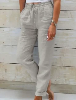 Women's Cotton Linen Pants Chinos Pants Trousers Basic Casual Long High Waist Plain Pocket Elastic Drawstring Design High Cut Breathability Soft Micro-elastic Street Daily Wear Black White Green Khaki