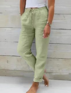 Women's Cotton Linen Pants Chinos Pants Trousers Basic Casual Long High Waist Plain Pocket Elastic Drawstring Design High Cut Breathability Soft Micro-elastic Street Daily Wear Black White Green Khaki