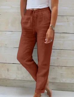 Women's Cotton Linen Pants Chinos Pants Trousers Basic Casual Long High Waist Plain Pocket Elastic Drawstring Design High Cut Breathability Soft Micro-elastic Street Daily Wear Black White Green Khaki