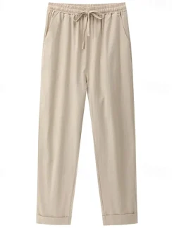 Women's Cotton Linen Pants Chinos Pants Trousers Basic Casual Long High Waist Plain Pocket Elastic Drawstring Design High Cut Breathability Soft Micro-elastic Street Daily Wear Black White Green Khaki