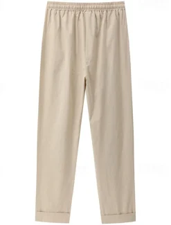 Women's Cotton Linen Pants Chinos Pants Trousers Basic Casual Long High Waist Plain Pocket Elastic Drawstring Design High Cut Breathability Soft Micro-elastic Street Daily Wear Black White Green Khaki