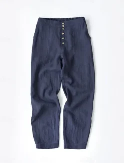 Women's Cotton Linen Pants Chinos Fashion Streetwear Calf-Length High Waist Plain Pocket Elastic Waistband Comfy Soft Comfortable Micro-elastic Outdoor Street Navy-blue White Summer Spring Regular Fit