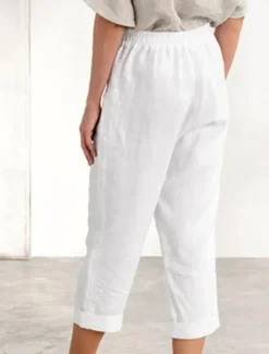 Women's Cotton Linen Pants Chinos Fashion Streetwear Calf-Length High Waist Plain Pocket Elastic Waistband Comfy Soft Comfortable Micro-elastic Outdoor Street Navy-blue White Summer Spring Regular Fit