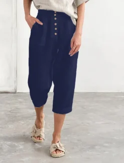 Women's Cotton Linen Pants Chinos Fashion Streetwear Calf-Length High Waist Plain Pocket Elastic Waistband Comfy Soft Comfortable Micro-elastic Outdoor Street Navy-blue White Summer Spring Regular Fit