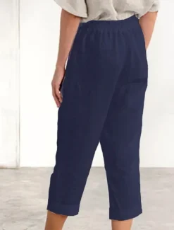 Women's Cotton Linen Pants Chinos Fashion Streetwear Calf-Length High Waist Plain Pocket Elastic Waistband Comfy Soft Comfortable Micro-elastic Outdoor Street Navy-blue White Summer Spring Regular Fit