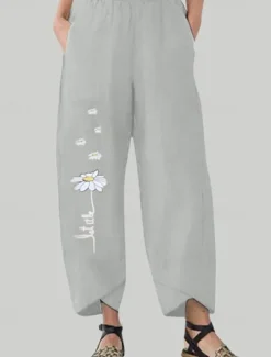 Women's Cotton Linen Pants Pants Trousers Palazzo Pants Fashion Streetwear Comfort Full Length High Waist Flower Elastic Waist Comfy Outdoor Comfortable Street Daily Wear Going out Black Dark navy