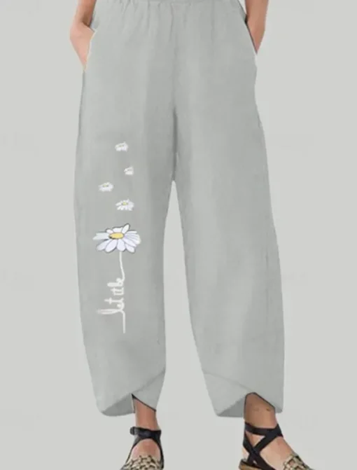 Women's Cotton Linen Pants Pants Trousers Palazzo Pants Fashion Streetwear Comfort Full Length High Waist Flower Elastic Waist Comfy Outdoor Comfortable Street Daily Wear Going out Black Dark navy