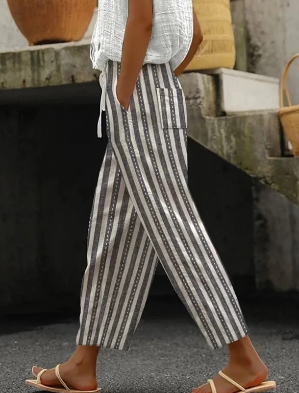Women's Cotton Linen Pants Pants Trousers Casual Daily Ankle-Length Graphic Striped Drawstring Side Pockets Breathability Comfortable Micro-elastic Weekend Royal Blue Blue Sky Blue Dark Blue Spring