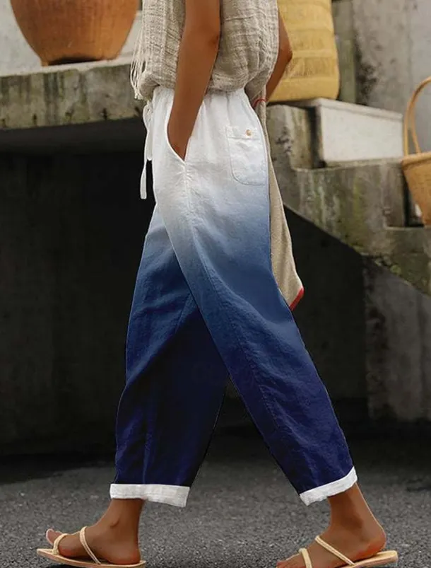 Women's Cotton Linen Pants Pants Trousers Casual Daily Ankle-Length Graphic Striped Drawstring Side Pockets Breathability Comfortable Micro-elastic Weekend Royal Blue Blue Sky Blue Dark Blue Spring