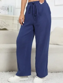 Women's Cotton Linen Pants Pants Trousers Lightweight Casual Full Length Mid Rise Plain Pocket Drawstring Breathability Comfortable Inelastic Casual Daily Weekend Dark Blue Summer Spring Regular Fit