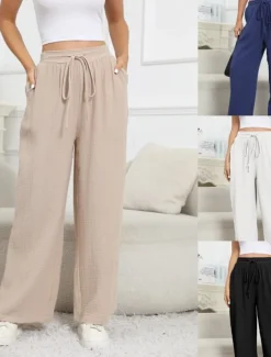 Women's Cotton Linen Pants Pants Trousers Lightweight Casual Full Length Mid Rise Plain Pocket Drawstring Breathability Comfortable Inelastic Casual Daily Weekend Dark Blue Summer Spring Regular Fit