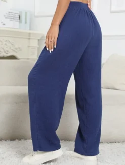 Women's Cotton Linen Pants Pants Trousers Lightweight Casual Full Length Mid Rise Plain Pocket Drawstring Breathability Comfortable Inelastic Casual Daily Weekend Dark Blue Summer Spring Regular Fit