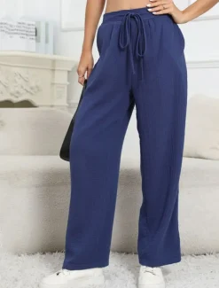 Women's Cotton Linen Pants Pants Trousers Lightweight Casual Full Length Mid Rise Plain Pocket Drawstring Breathability Comfortable Inelastic Casual Daily Weekend Dark Blue Summer Spring Regular Fit