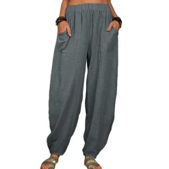Women's Cotton Linen Pants Baggy Pants Harem Pants Comfort Solid Color Pocket Elastic Waist Causal Black White Army Green Dark Navy Summer Spring Fall