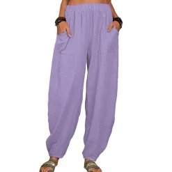 Women's Cotton Linen Pants Baggy Pants Harem Pants Comfort Solid Color Pocket Elastic Waist Causal Black White Army Green Dark Navy Summer Spring Fall