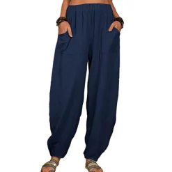 Women's Cotton Linen Pants Baggy Pants Harem Pants Comfort Solid Color Pocket Elastic Waist Causal Black White Army Green Dark Navy Summer Spring Fall