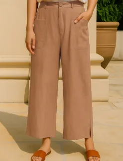 Women's Cotton Linen Pants Wide Leg Chinos Vacation Vintage Fashion Full Length High Waist Plain Pocket Comfort Outdoor Inelastic Vacation Street Daily Yellow Orange Beige Summer Spring Fall Regular