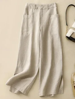 Women's Cotton Linen Pants Wide Leg Chinos Vacation Vintage Fashion Full Length High Waist Plain Pocket Comfort Outdoor Inelastic Vacation Street Daily Yellow Orange Beige Summer Spring Fall Regular