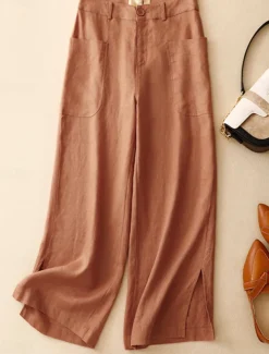 Women's Cotton Linen Pants Wide Leg Chinos Vacation Vintage Fashion Full Length High Waist Plain Pocket Comfort Outdoor Inelastic Vacation Street Daily Yellow Orange Beige Summer Spring Fall Regular