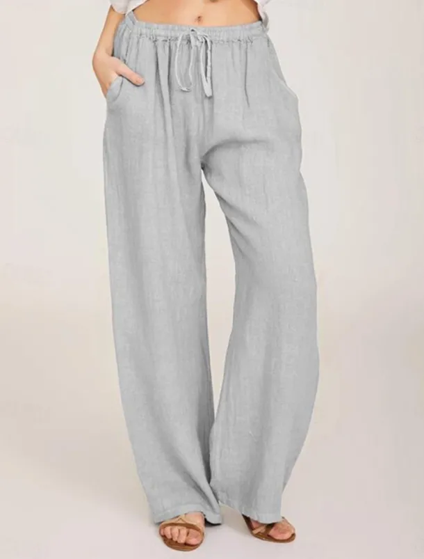 Women's Cotton Linen Pants Comfort Pure Color Pocket Elastic Waist Breathable Micro-elastic Home Black White Wine Navy Blue Summer