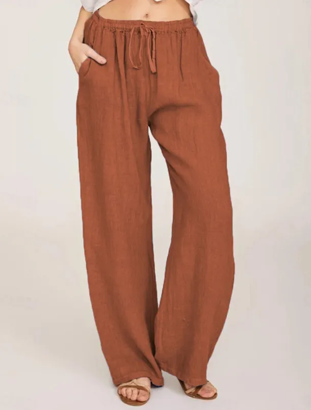 Women's Cotton Linen Pants Comfort Pure Color Pocket Elastic Waist Breathable Micro-elastic Home Black White Wine Navy Blue Summer