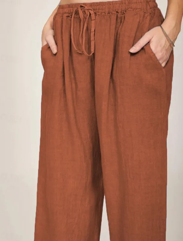 Women's Cotton Linen Pants Comfort Pure Color Pocket Elastic Waist Breathable Micro-elastic Home Black White Wine Navy Blue Summer