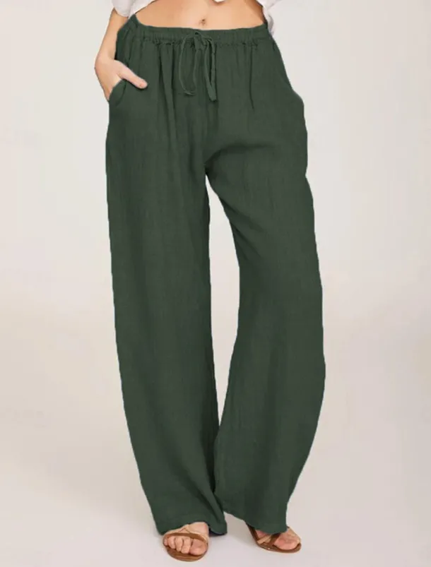 Women's Cotton Linen Pants Comfort Pure Color Pocket Elastic Waist Breathable Micro-elastic Home Black White Wine Navy Blue Summer