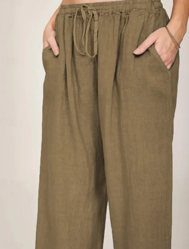 Women's Cotton Linen Pants Comfort Pure Color Pocket Elastic Waist Breathable Micro-elastic Home Black White Wine Navy Blue Summer