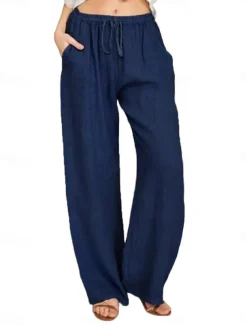 Women's Cotton Linen Pants Comfort Pure Color Pocket Elastic Waist Breathable Micro-elastic Home Black White Wine Navy Blue Summer