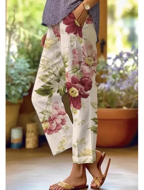 Women's Cotton Linen Pants Baggy Pants Linen Like Fashion Streetwear Full Length High Waist Floral Graphic Printing Thermal Warm Breathable Soft Micro-elastic Outdoor Daily off-white Fall Winter