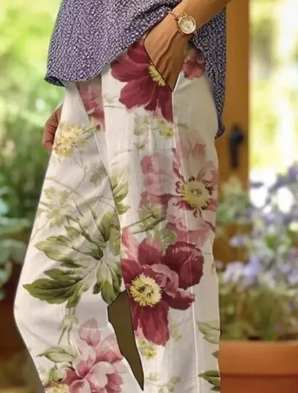 Women's Cotton Linen Pants Baggy Pants Linen Like Fashion Streetwear Full Length High Waist Floral Graphic Printing Thermal Warm Breathable Soft Micro-elastic Outdoor Daily off-white Fall Winter