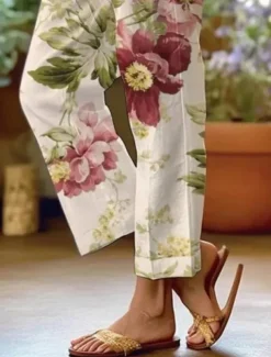 Women's Cotton Linen Pants Baggy Pants Linen Like Fashion Streetwear Full Length High Waist Floral Graphic Printing Thermal Warm Breathable Soft Micro-elastic Outdoor Daily off-white Fall Winter