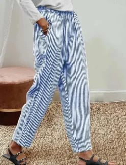 Women's Cotton Linen Pants Baggy Pants Linen Like Vacation Vintage Hawaiian Full Length High Waist Graphic Striped Printing Thermal Warm Breathable Soft Micro-elastic Vacation Daily Going out