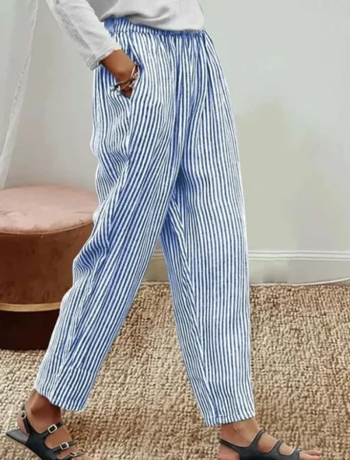 Women's Cotton Linen Pants Baggy Pants Linen Like Vacation Vintage Hawaiian Full Length High Waist Graphic Striped Printing Thermal Warm Breathable Soft Micro-elastic Vacation Daily Going out