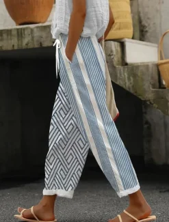 Women's Cotton Linen Pants Baggy Pants Linen Like Vacation Vintage Hawaiian Full Length High Waist Graphic Striped Printing Thermal Warm Breathable Soft Micro-elastic Vacation Daily Going out