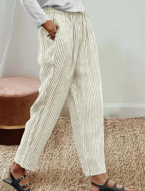Women's Cotton Linen Pants Baggy Pants Linen Like Vacation Vintage Hawaiian Full Length High Waist Graphic Striped Printing Thermal Warm Breathable Soft Micro-elastic Vacation Daily Going out