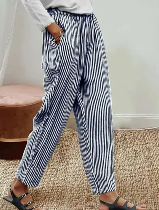 Women's Cotton Linen Pants Baggy Pants Linen Like Vacation Vintage Hawaiian Full Length High Waist Graphic Striped Printing Thermal Warm Breathable Soft Micro-elastic Vacation Daily Going out