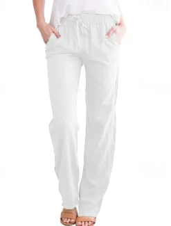 Women's Cotton Linen Pants Pants Trousers Casual Daily Long Plain Drawstring Side Pockets Breathability Comfortable Inelastic Weekend Black White Yellow Khaki Spring & Summer Regular Fit