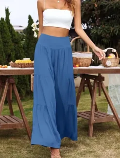 Women's Cotton Linen Pants Wide Leg Chinos Basic Casual Full Length High Waist Plain Elastic Waistband Comfy Soft Comfortable Stretchy Outdoor Street Black White Blue Light Purple Summer Spring