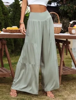Women's Cotton Linen Pants Wide Leg Chinos Basic Casual Full Length High Waist Plain Elastic Waistband Comfy Soft Comfortable Stretchy Outdoor Street Black White Blue Light Purple Summer Spring
