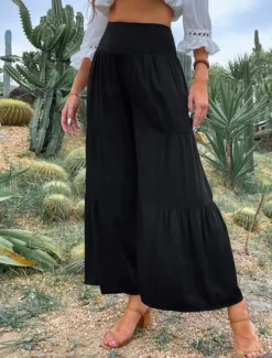 Women's Cotton Linen Pants Wide Leg Chinos Basic Casual Full Length High Waist Plain Elastic Waistband Comfy Soft Comfortable Stretchy Outdoor Street Black White Blue Light Purple Summer Spring