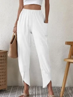 Women's Cotton Linen Pants Pants Trousers Casual Daily Ankle-Length Plain Side Pockets Elastic Waistband Breathability Comfortable Inelastic Weekend White Blue Khaki Gray Spring & Summer Regular Fit