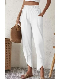 Women's Cotton Linen Pants Pants Trousers Casual Daily Ankle-Length Plain Side Pockets Elastic Waistband Breathability Comfortable Inelastic Weekend White Blue Khaki Gray Spring & Summer Regular Fit