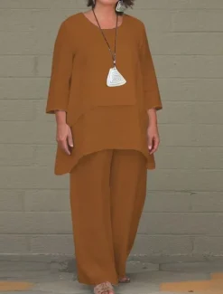 Women's Cotton Linen Sets Two Piece Sets Solid Color Fashion Round Neck Street Daily 2 Piece White Blue Khaki Gray Spring & Fall