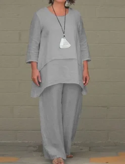 Women's Cotton Linen Sets Two Piece Sets Solid Color Fashion Round Neck Street Daily 2 Piece White Blue Khaki Gray Spring & Fall